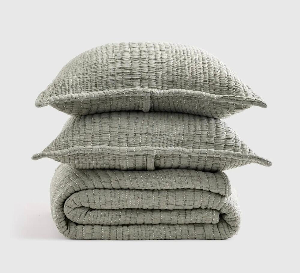 NWT Quince 100% Organic Cotton Channel Stitch Coverlet Set King Cal King Green